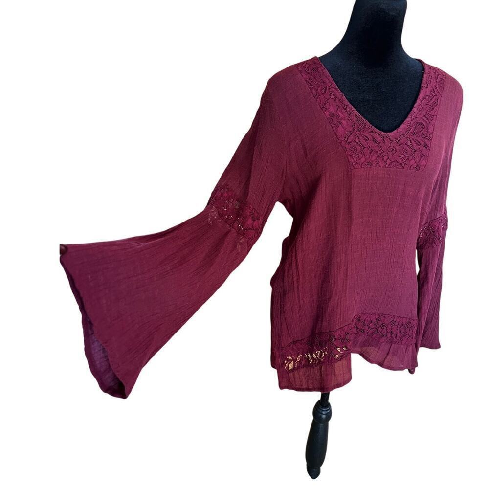 living doll V-neck long sleeve lace bell sleeve top, women's size S
